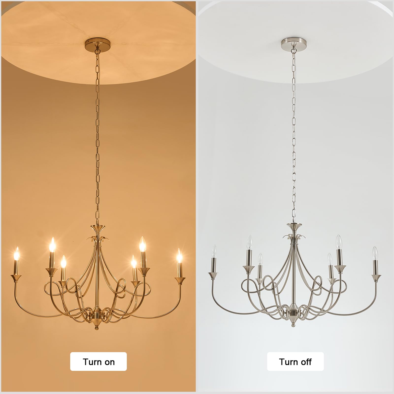 Afirstcght Modern Brushed Nickel Chandelier, 6-Lights Candle Dining Room Light Fixture 36.6in Farmhouse Chandeliers Metal Pendant Lights for Living Room Bedroom Entryway Kitchen Island