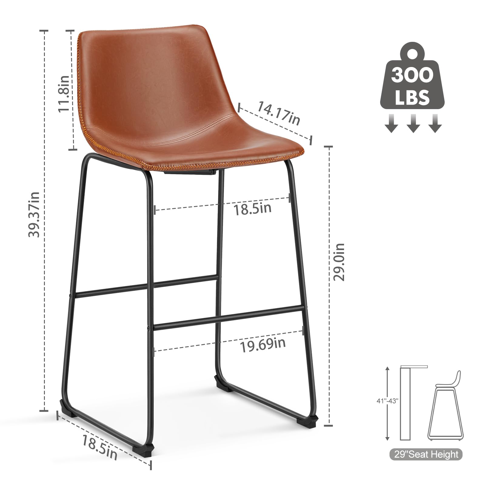 Counter Height Bar Stools Set of 2 – Brown Faux Leather, Metal Legs