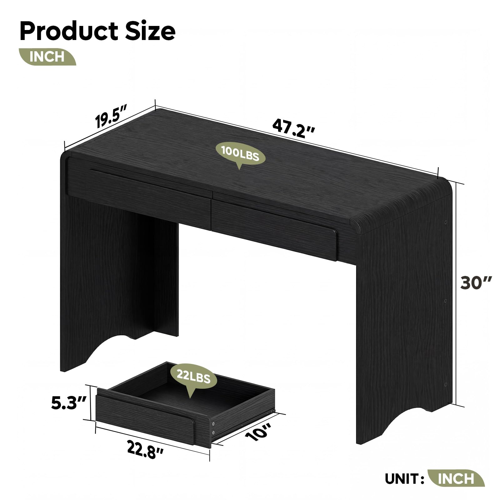 Bestier Computer Desk with 2 Drawers, 47 Inch Wood Home Office Desk, Small Writing Table with Curved Handles & Waterfall Rounded Edges, Cute Modern Desks for Bedroom Study Living Room, Black