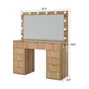 Cozynome 47" Vanity Desk with 3-Color LED Mirror & 11 Drawers, Fluted Makeup Vanity with Glass Top, Charging Station (2 Outlets, 2 USB), Includes Vanity Stool, for Bedroom, Natural