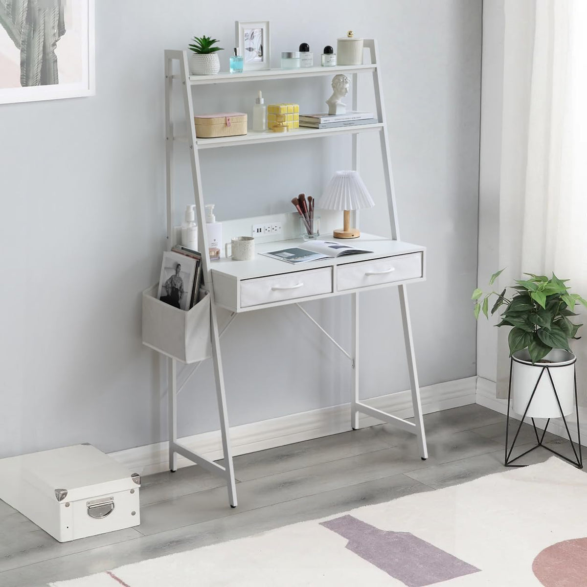 Home Office Desk with Storage and Drawer, Computer Desk with 2-Tier Shelves