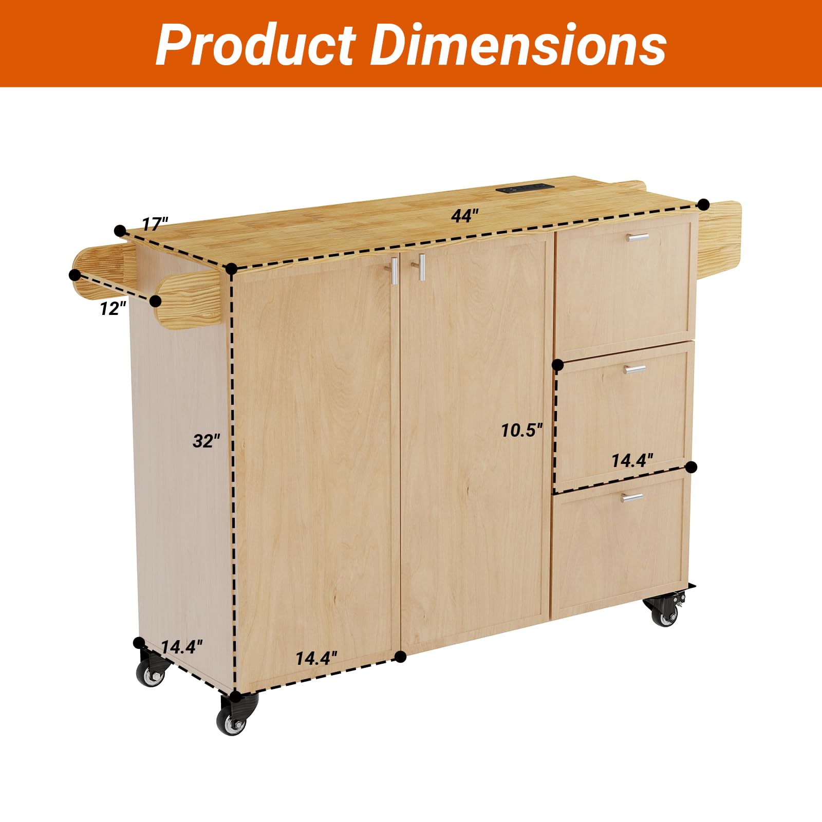 Kitchen Island with Storage, Rolling Kitchen Island on Wheels with Drawers and Doors, Mobile Kitchen Island with Towel Rack and Spice Rack, Wood Top Kitchen Cart with Power Outlet for Kitchen (Oak)