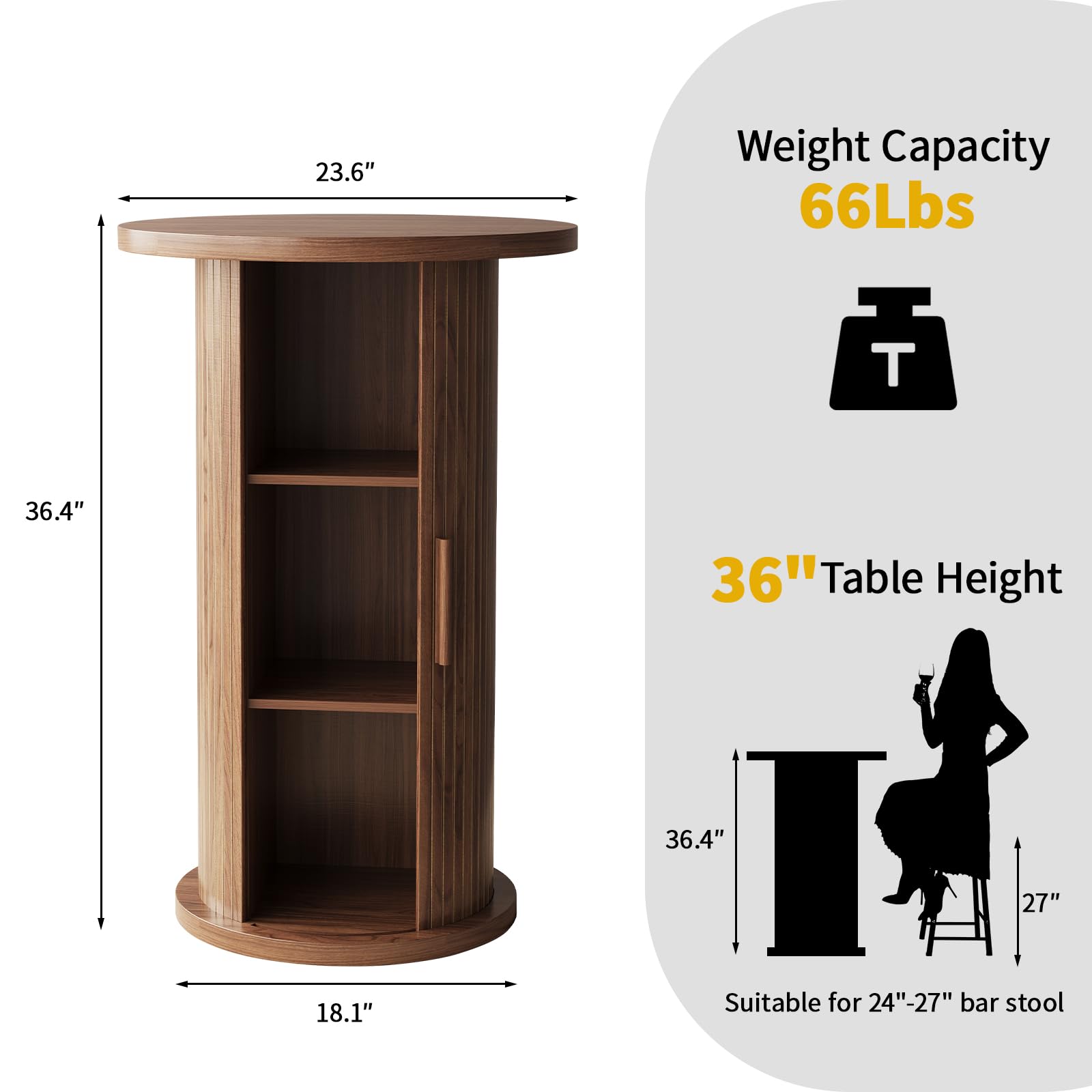 ALWXIA Round Bar Table with 3-Tier Hidden Storage Shelves Slide Door, 36.4'' High Top Bistro Table Cocktail Table for Small Bars, Dining Room, Living Room (Walnut)