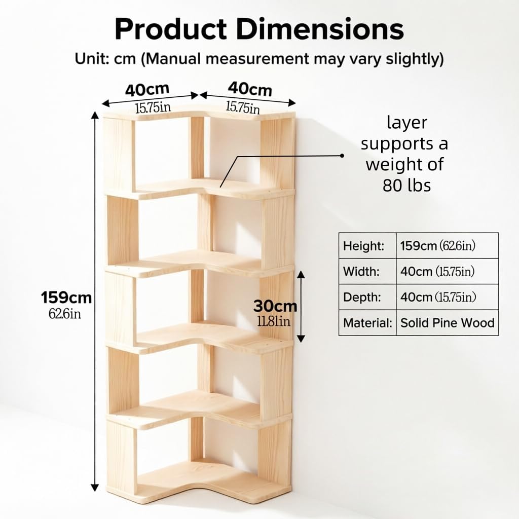 5-Tier Pine Corner Bookshelf
