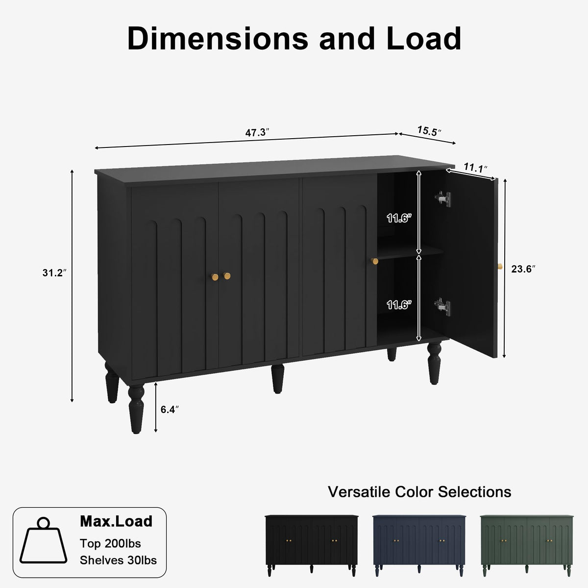 Surmorn 47” Arched Fluted Sideboard Buffet Cabinet with Storage, Black