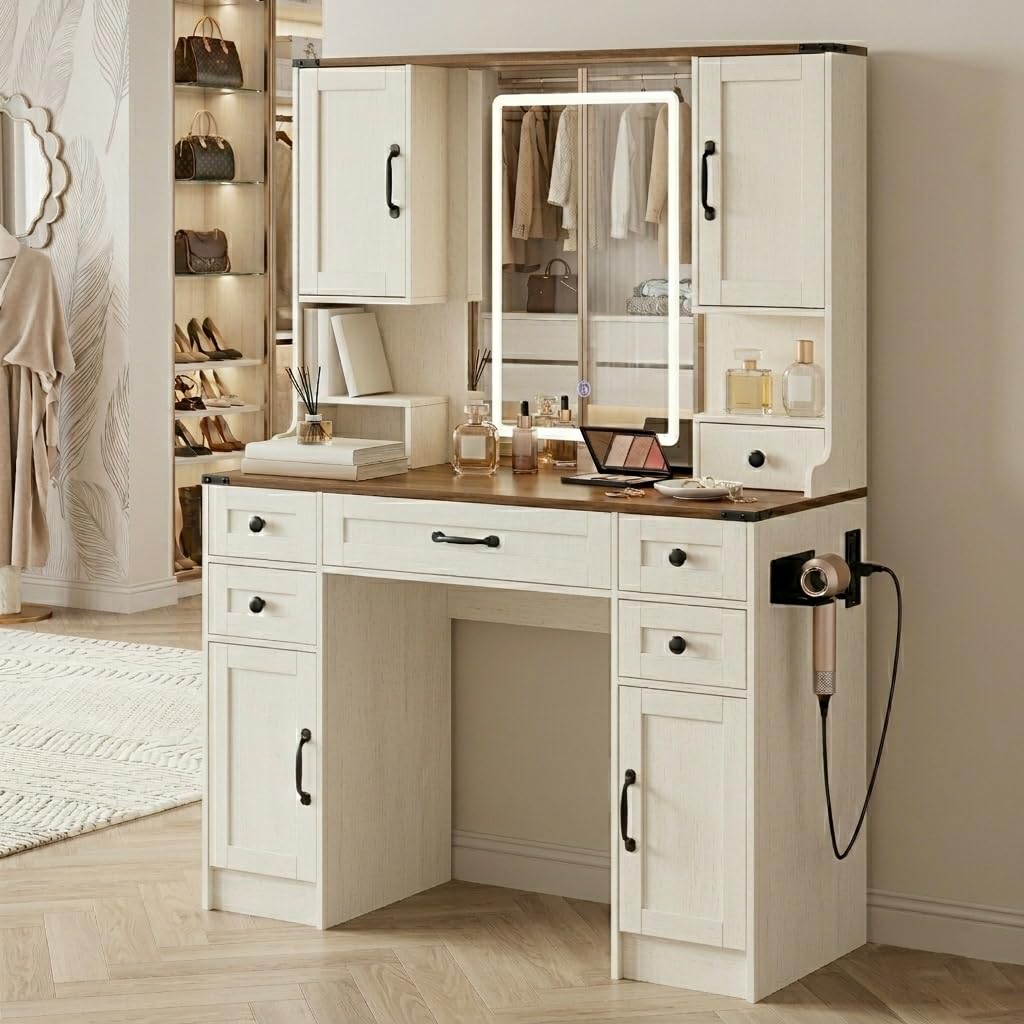 NUNU LAB 42 Inchs Large Vanity Desk with Mirror and Lights