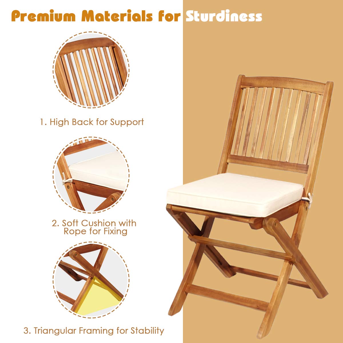 ORALNER 3-Piece Acacia Wood Folding Patio Bistro Set, Small Outdoor Balcony Furniture, Round Coffee Table and 2 Chairs with Soft Cushions, Teak Table Set for Porch, Backyard, Deck (Cream White)