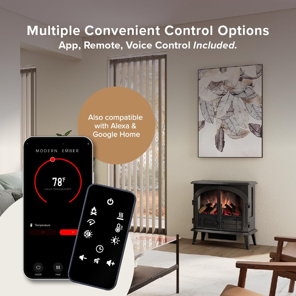 Modern Ember Harlowe Freestanding Electric Fireplace Stove Heater in Black with Multi-Color Ember Bed | Smart Technology | Alexa/WiFi Enabled | 1500W | Indoor Portable Heater | Safety Shutoff
