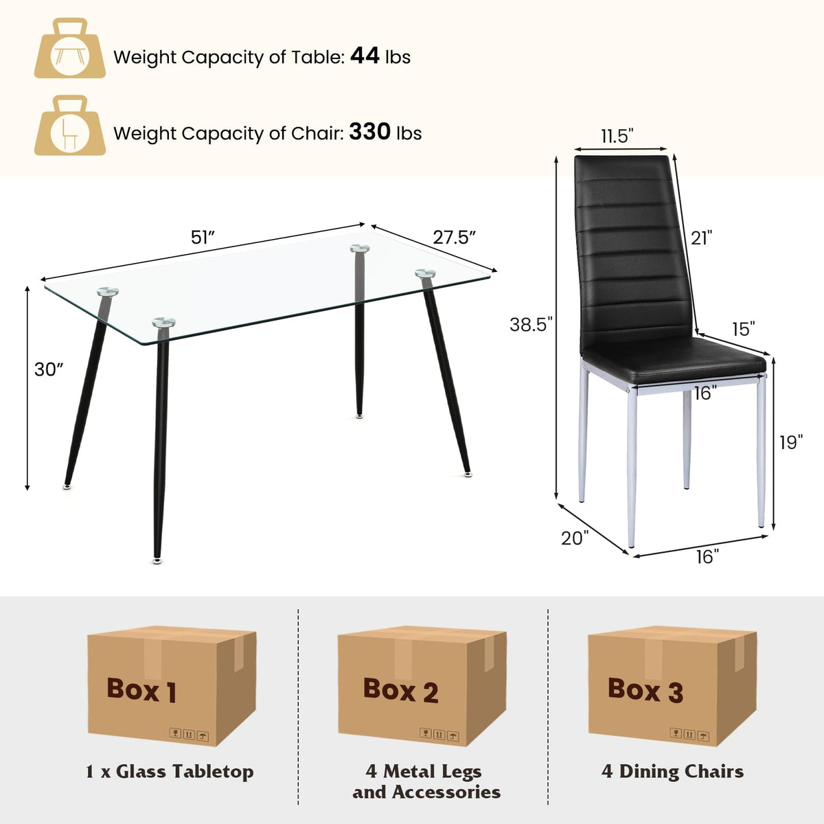 GIANTEX Dining Table Set for 4, Kitchen Table Chairs Set with 51” Rectangle Glass Table, 4 Padded Dining Chairs, Metal Structure, Dinette Table for Breakfast Nook, Living Room, Restaurant, Black