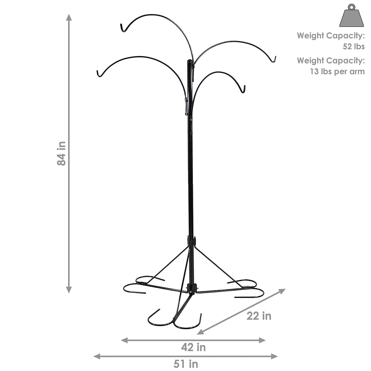 Sunnydaze 4-Arm Hanging Basket Plant Stand with Adjustable Arms - Black - 84"
