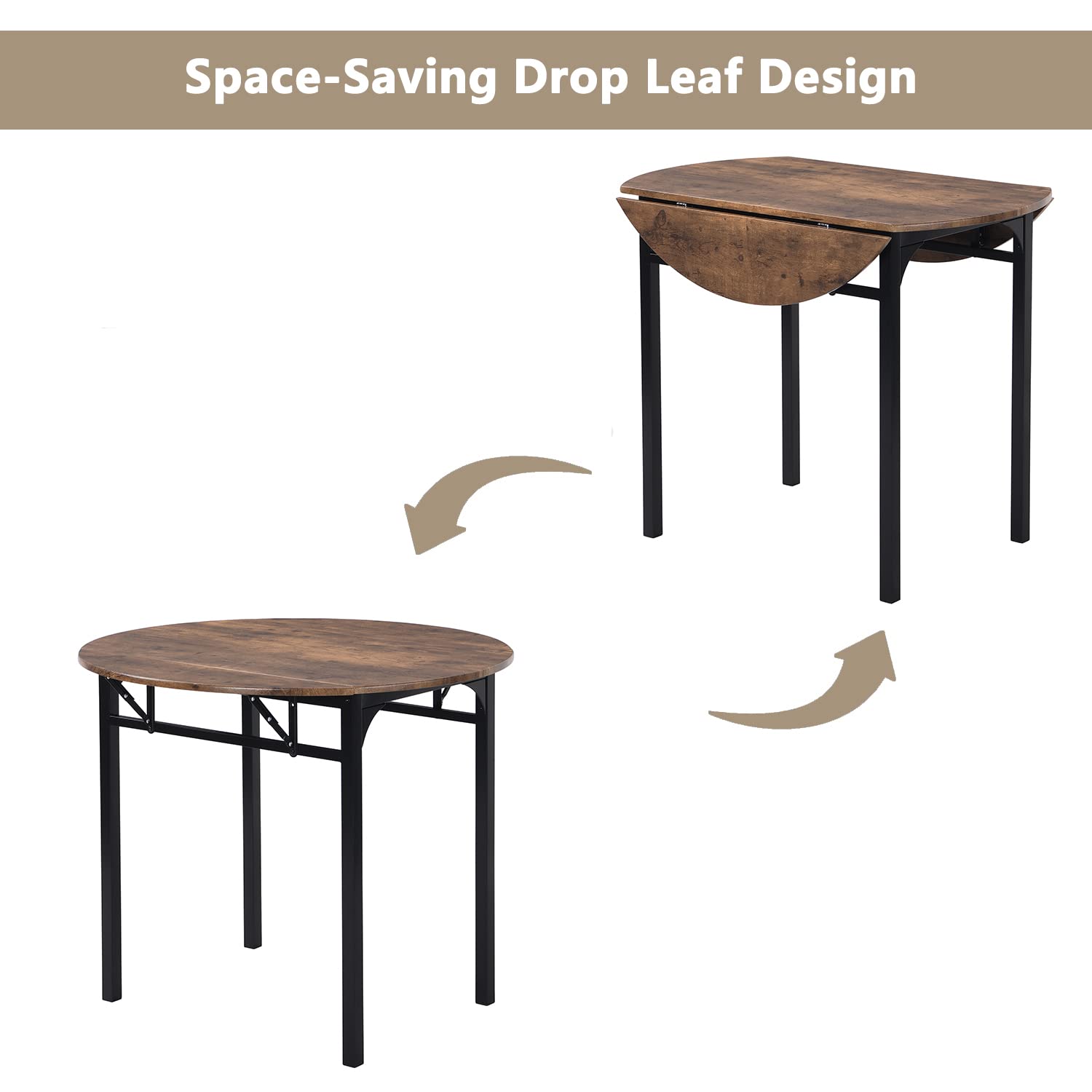 Merax 3-Piece Foldable Dining Table Set for 2 with Drop Leaf Tabletop and Two Chairs for Small Places, Kitchen, Living Room, Apartment, Rustic Brown