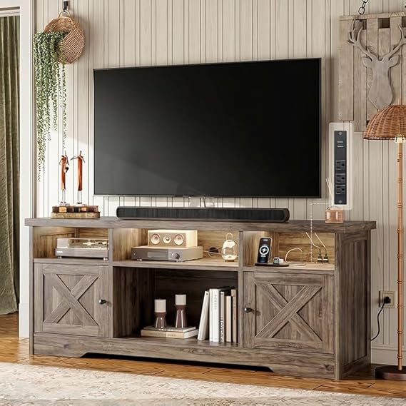 LED TV Stand with Power Outlet & Storage Cabinets