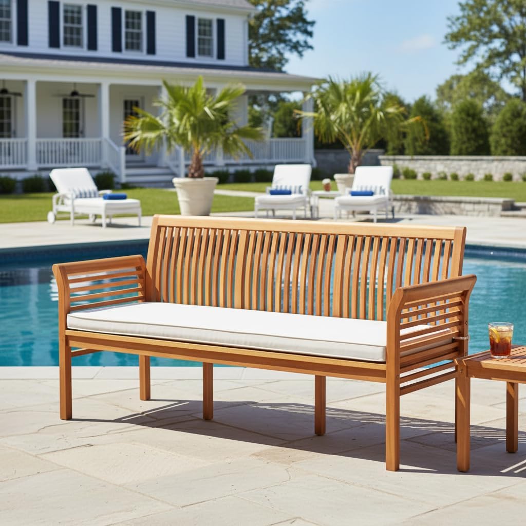 3-Seat Outdoor Wood Bench with Cushion