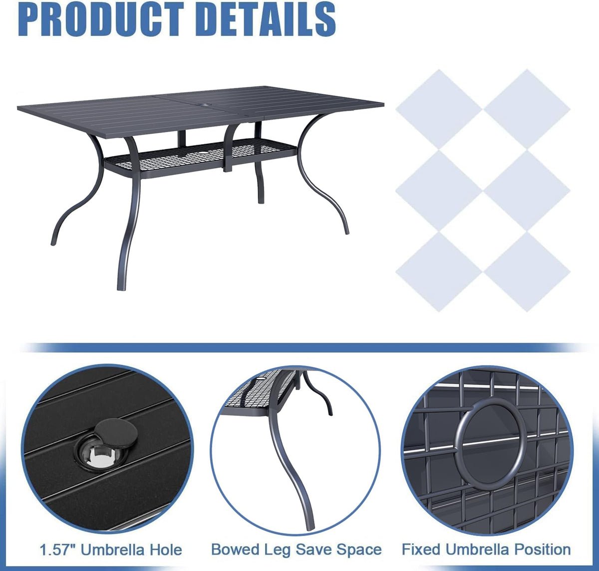 Omelaza 60" x 37" Patio Dining Table, Outdoor Rectangle Bistro Metal Table with Steel Slat Table Top for Porch Deck Garden Backyard Poolside, 1.57" Umbrella Hole, Black