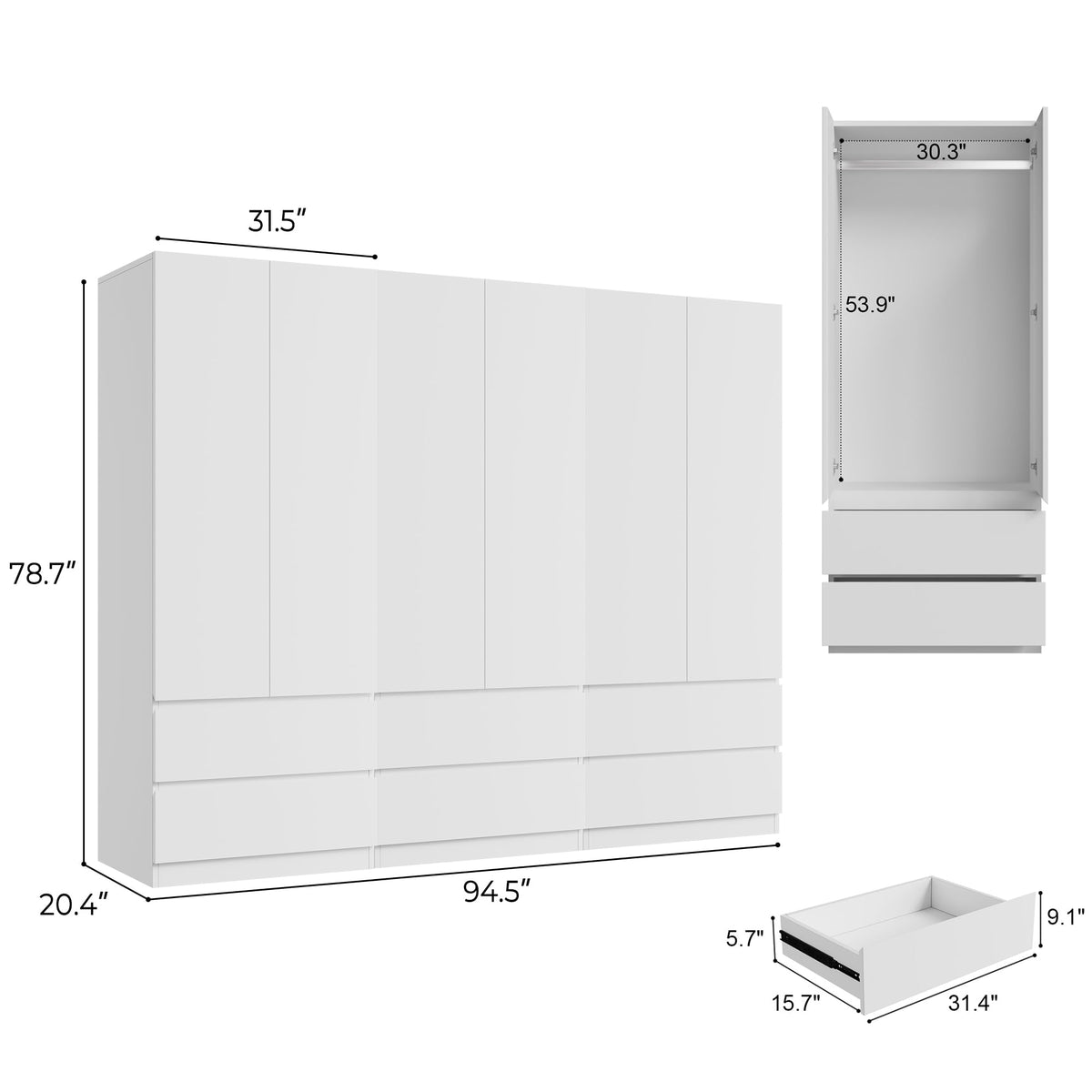 Jiaoun Armoire Wardrobe Closet with 6 Doors, Wooden Wardrobe Cabinet with 6 Drawers, Hanging Rod & Shelves, Freestanding Closets for Bedroom (White, 3)