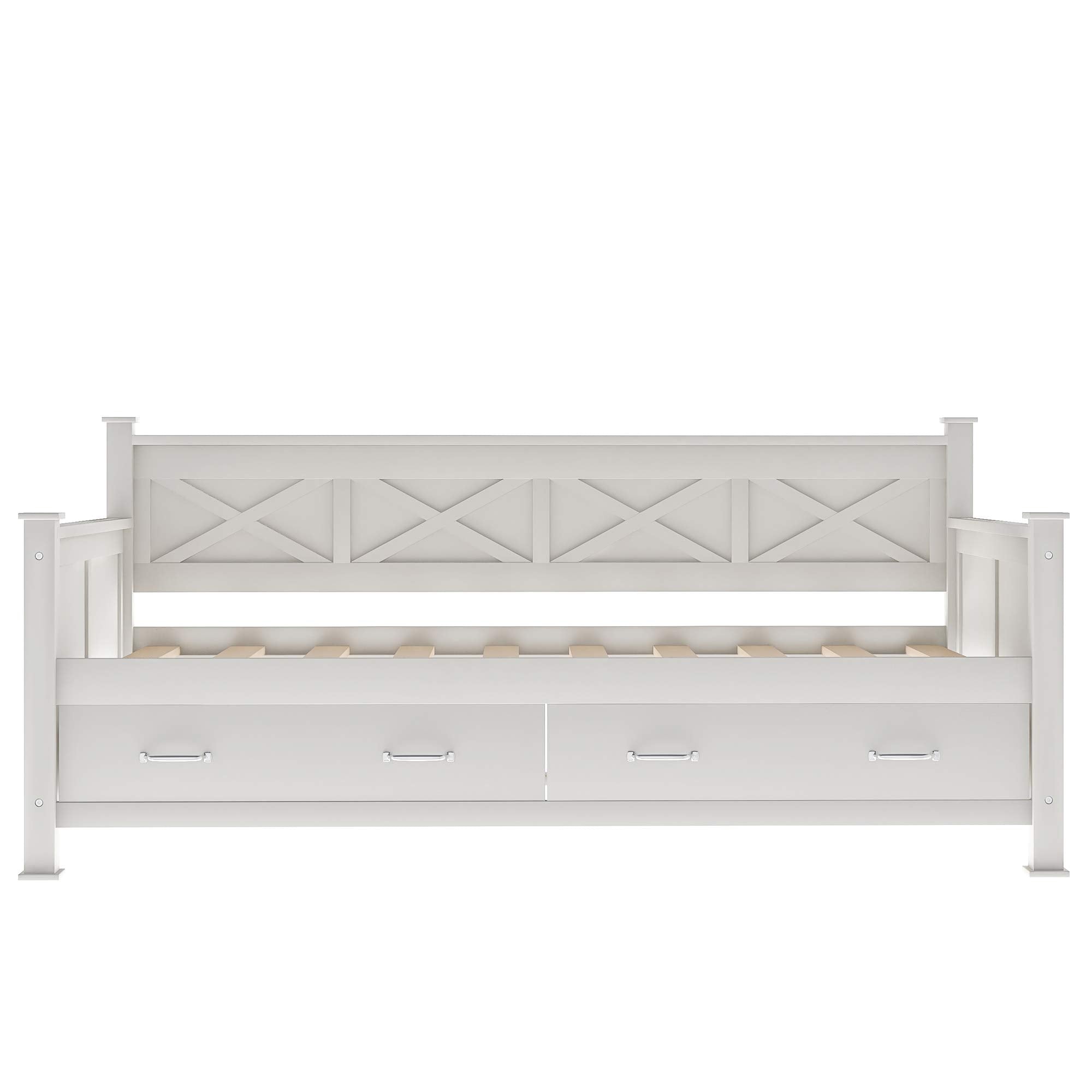 Twin Size Solid Wood Daybed Frame with 2 Storage Drawers,X-Shaped Backrest and Armrests,Low Profile Design,Perfect for Kids Room,Small Space,Apartment,No Box Spring Needed,Space Saving,Cream White