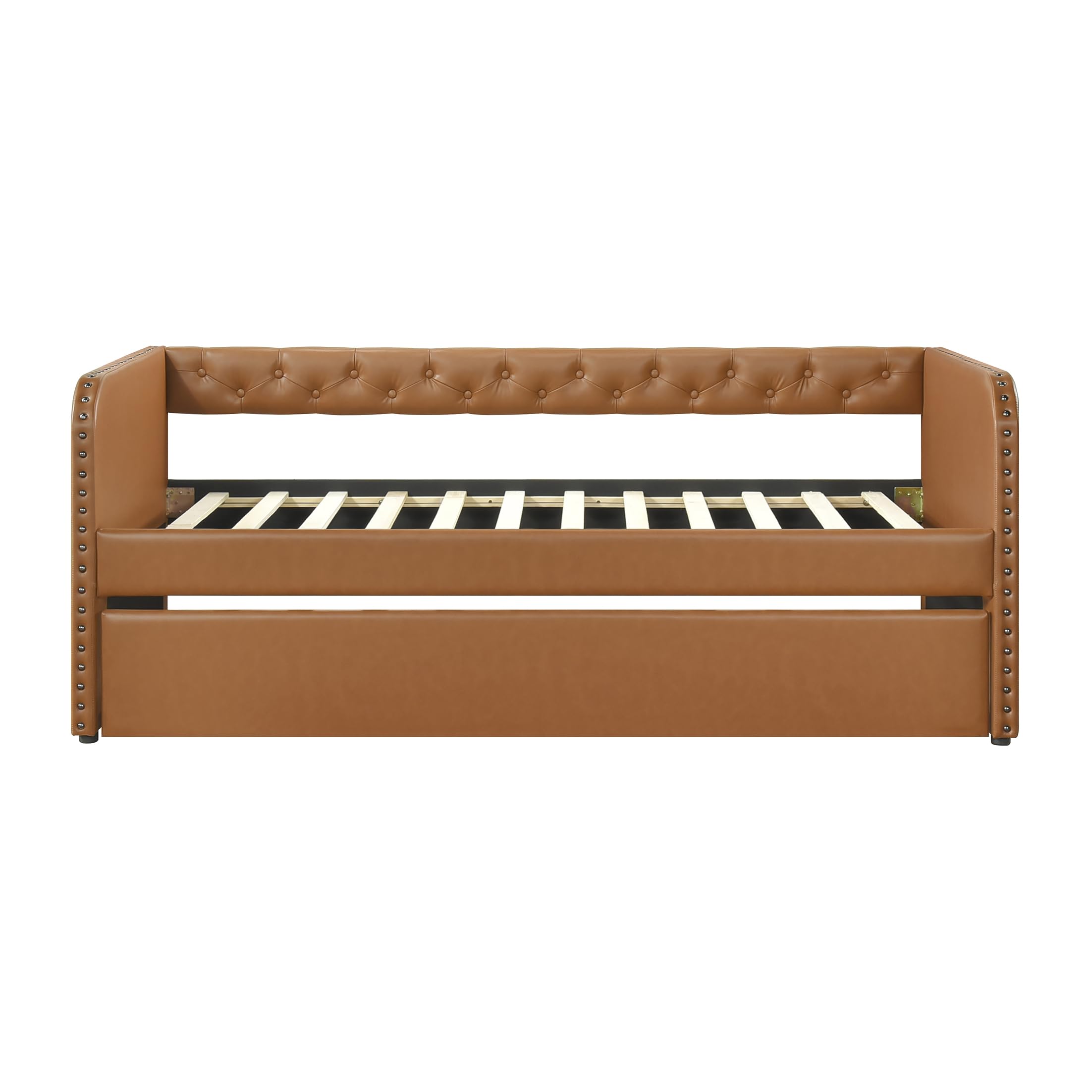Lexicon Faux Leather Daybed with Trundle, Solid Wood Frame, Nailhead Trim, Wood Slat Support, Button Tufted Trundle Day Bed Sofa Bed for Bedroom/Guest Room, No Box Spring Needed, Twin, Matte Brown