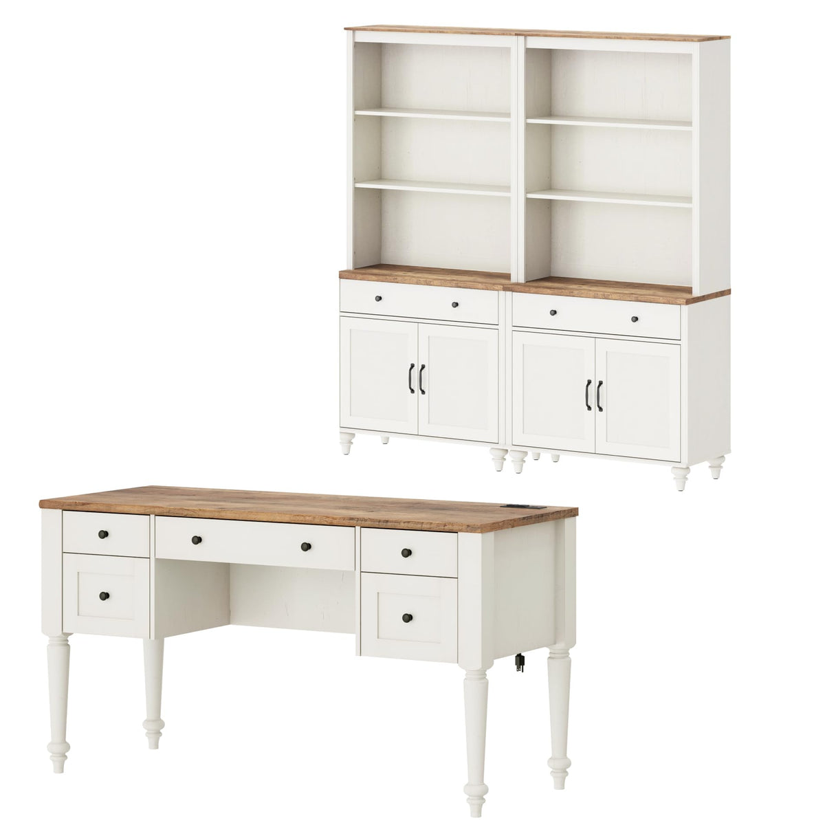 WAMPAT Home Office Furniture Set, 56" Executive Desk with Charging Station, 72" Tall Bookcase with 4 Doors and 2 Drawers, Wood Computer Desk with File Cabinet Storage, Open Shelf, White