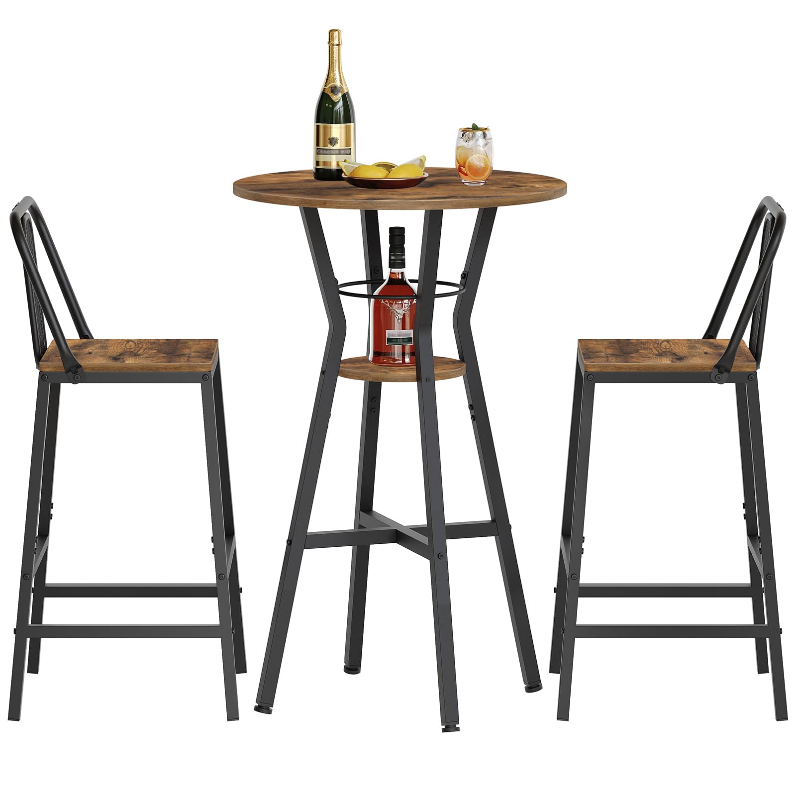 YATINEY Bar Table, 2-Tier Round High Top Table, Pub Table, Home Bar Counter Height Tables, Bistro Tables, for Kitchen, Living Room, Meeting Room, Pub, Rustic Brown and Black BT03BR