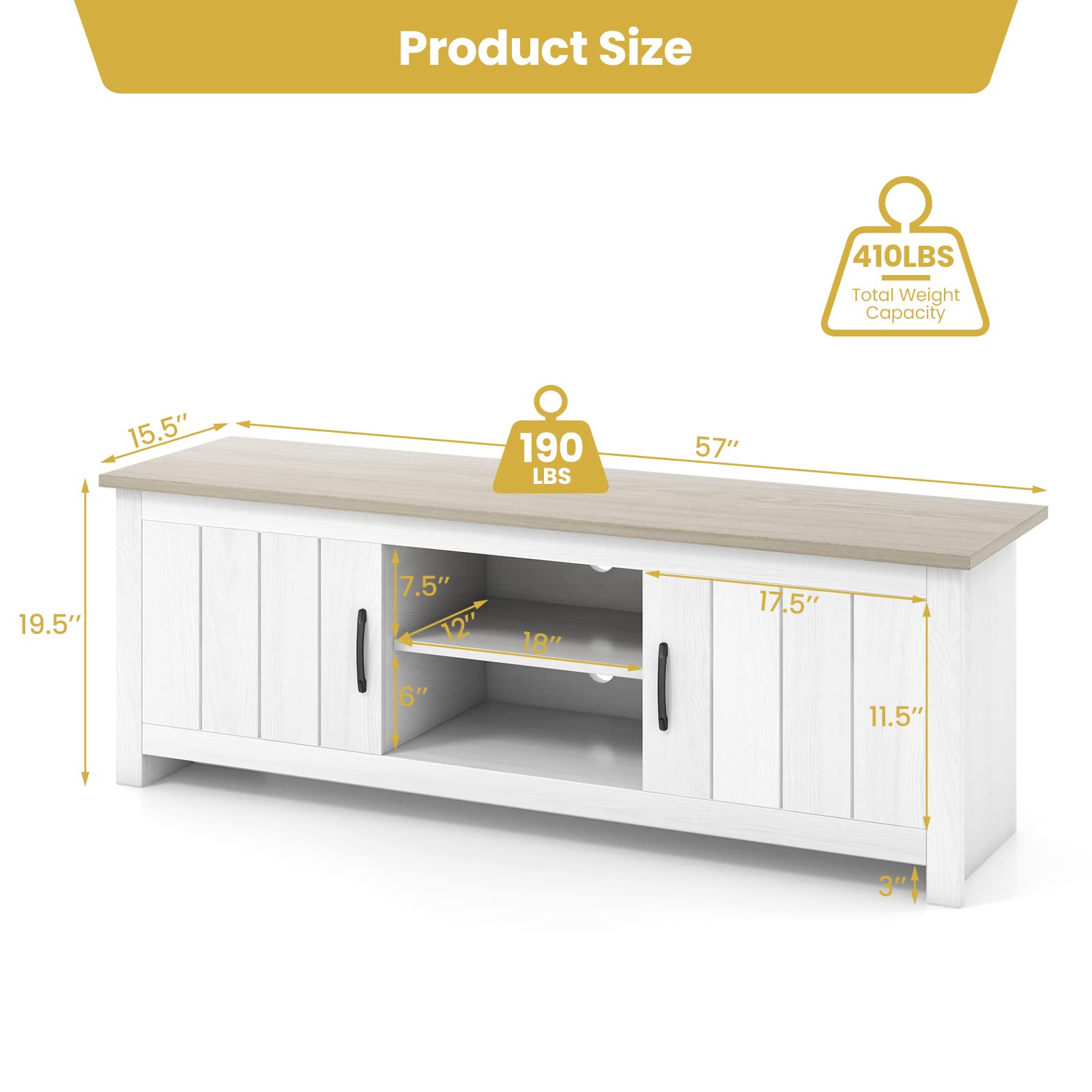 57" TV Stand with Cabinets & Open Shelves