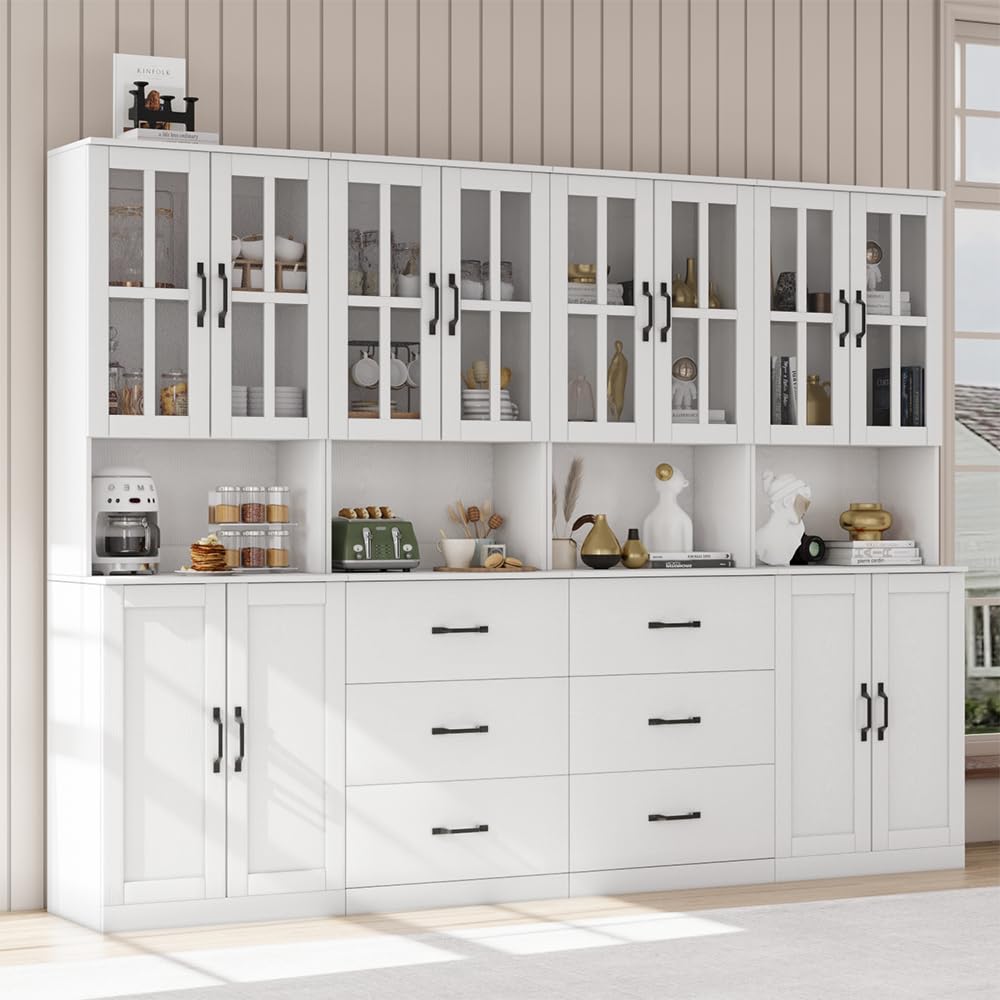 VOWNER Bookcase with Glass Doors, 5-Tier Modern Bookshelf with Large Drawer, Glass Display Cabinet with Large Storage Shelf, Combination Storage Cabinet for Home Office, ABCDE (White)