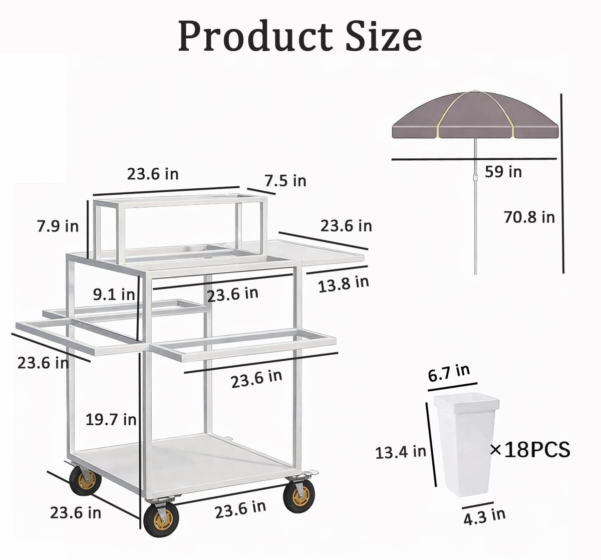 FEFZSFER Heavy Duty Flower Cart Display Stand with Umbrella, Rolling Flower Cart with 18 Buckets,Flower Carts with Wheels For Flower Shops, Markets, Events (White)