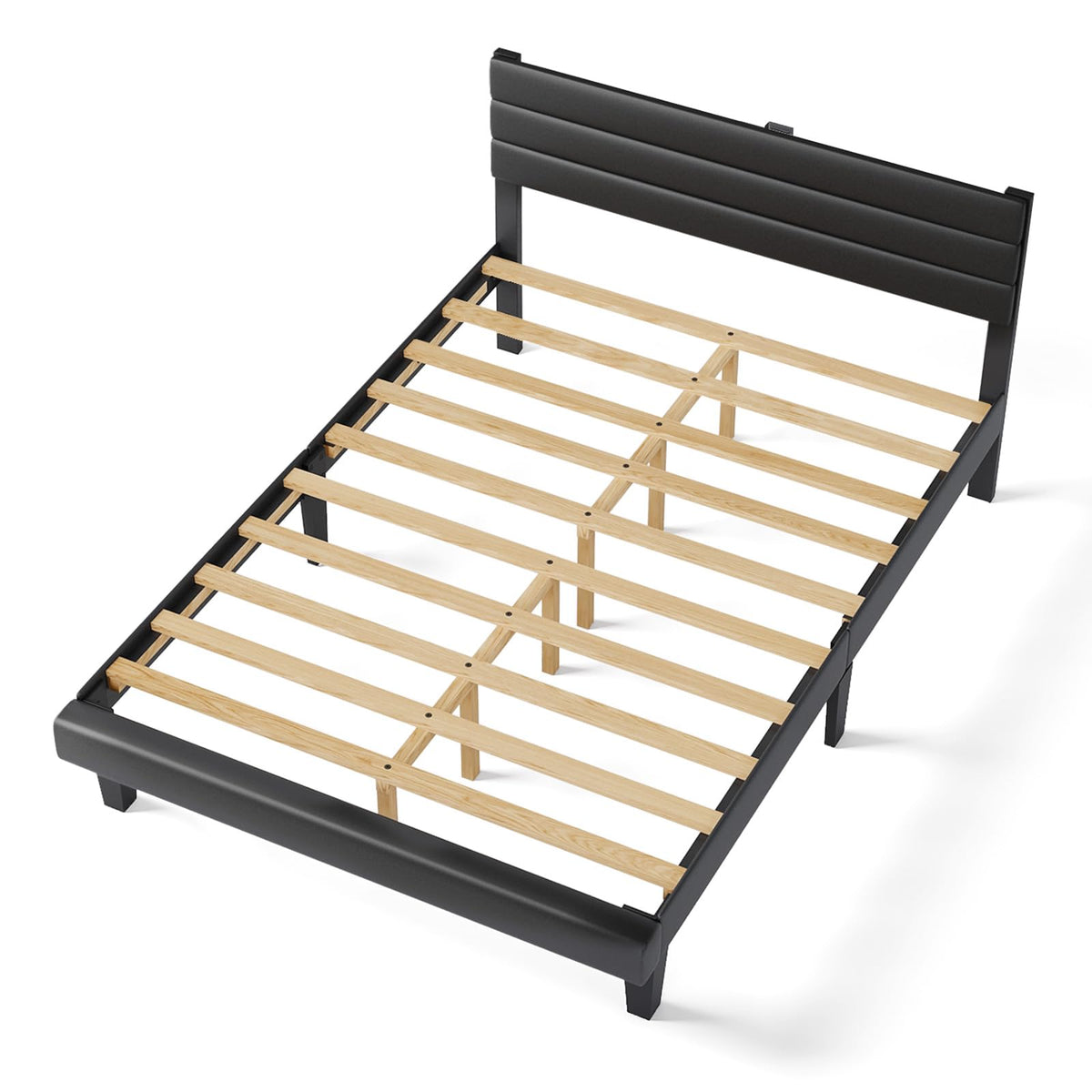VINGLI Upholstered Bed Frame Queen, Faux Leather Platform Bed with Adjustable Headboard, Wood Mattress Foundation with Heavy Duty Slats Support,Luxury Modern,No Box Spring Needed, Black