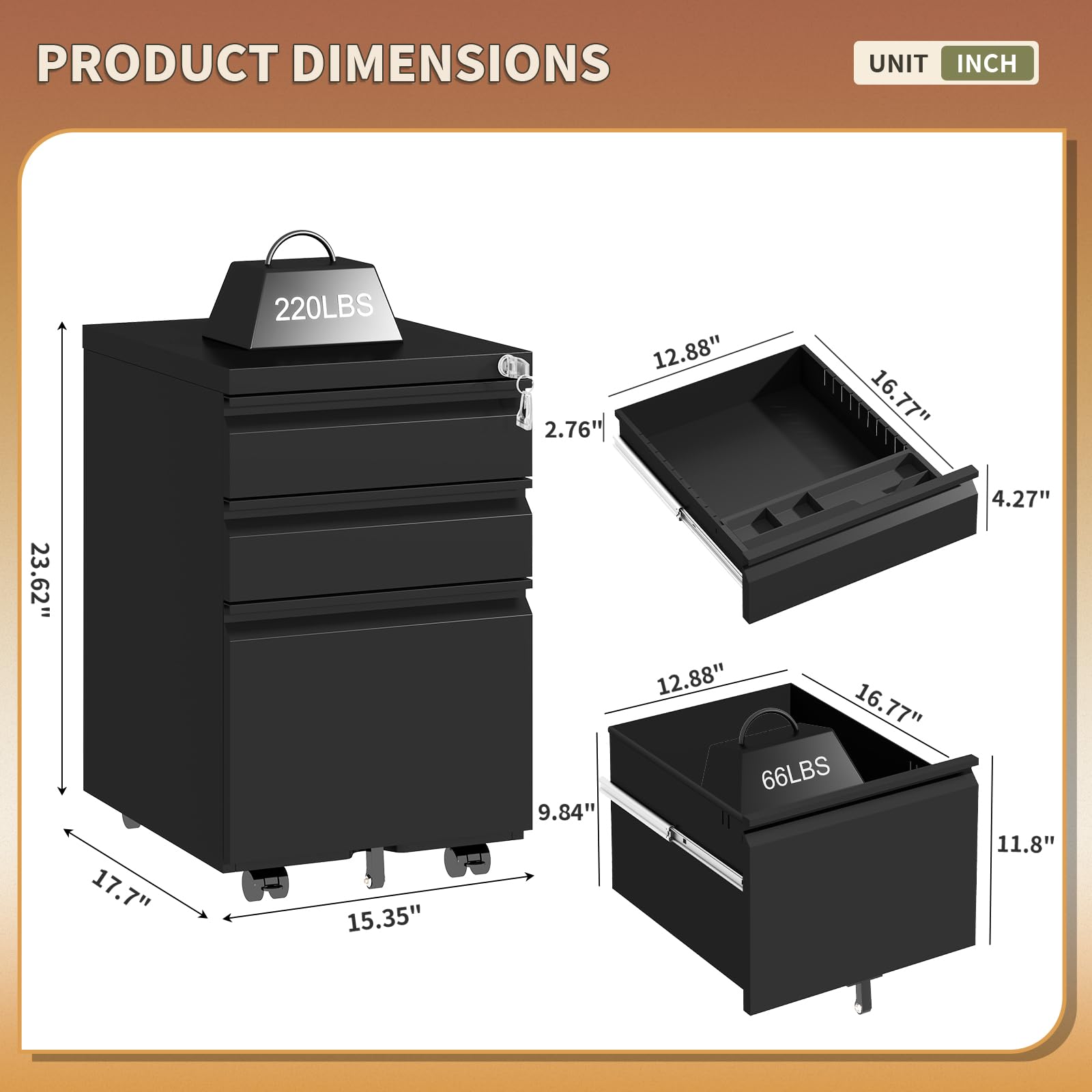 3-Drawer Locking Metal Filing Cabinet with Wheels