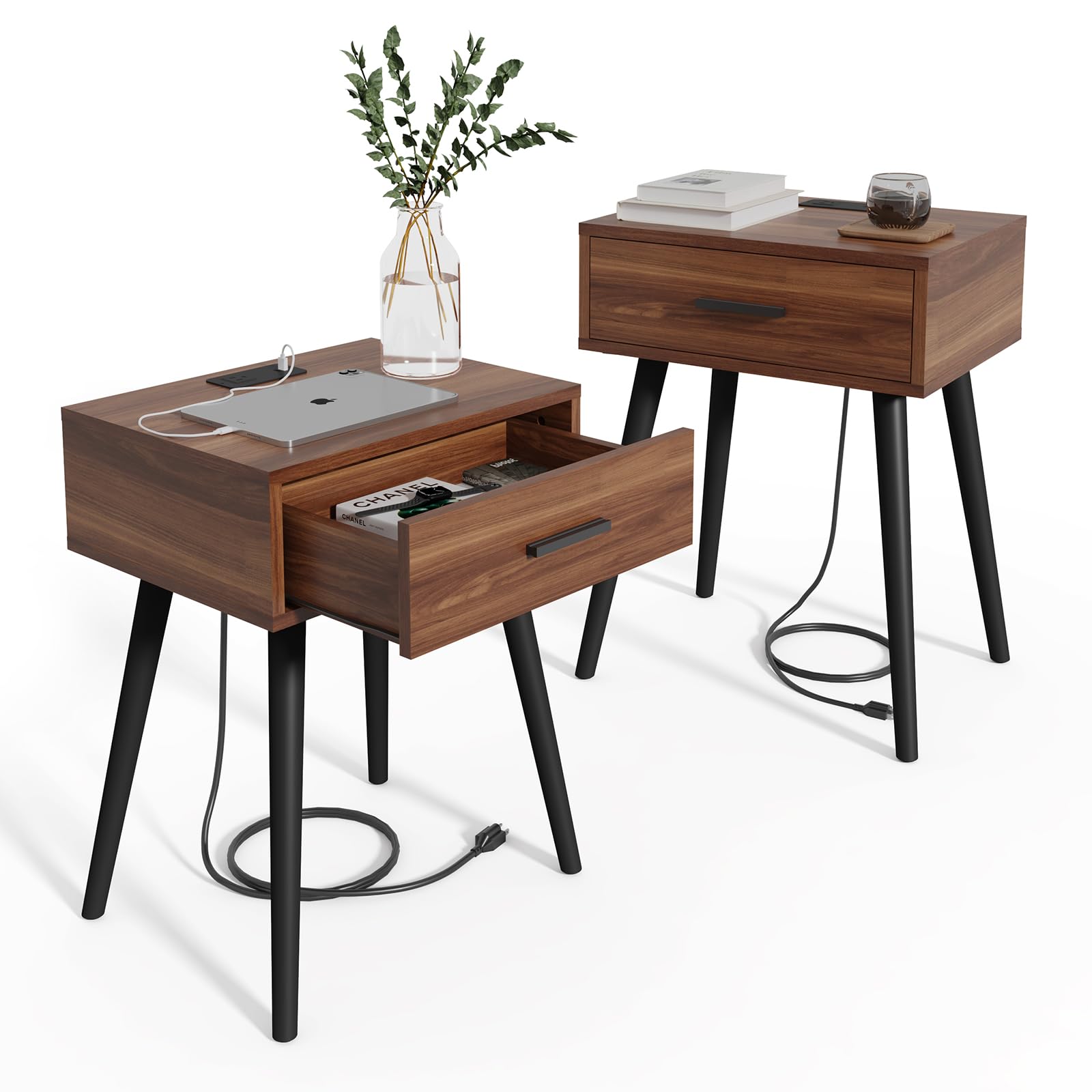 Nightstand Set of 2 with Charging Station & Storage Drawer