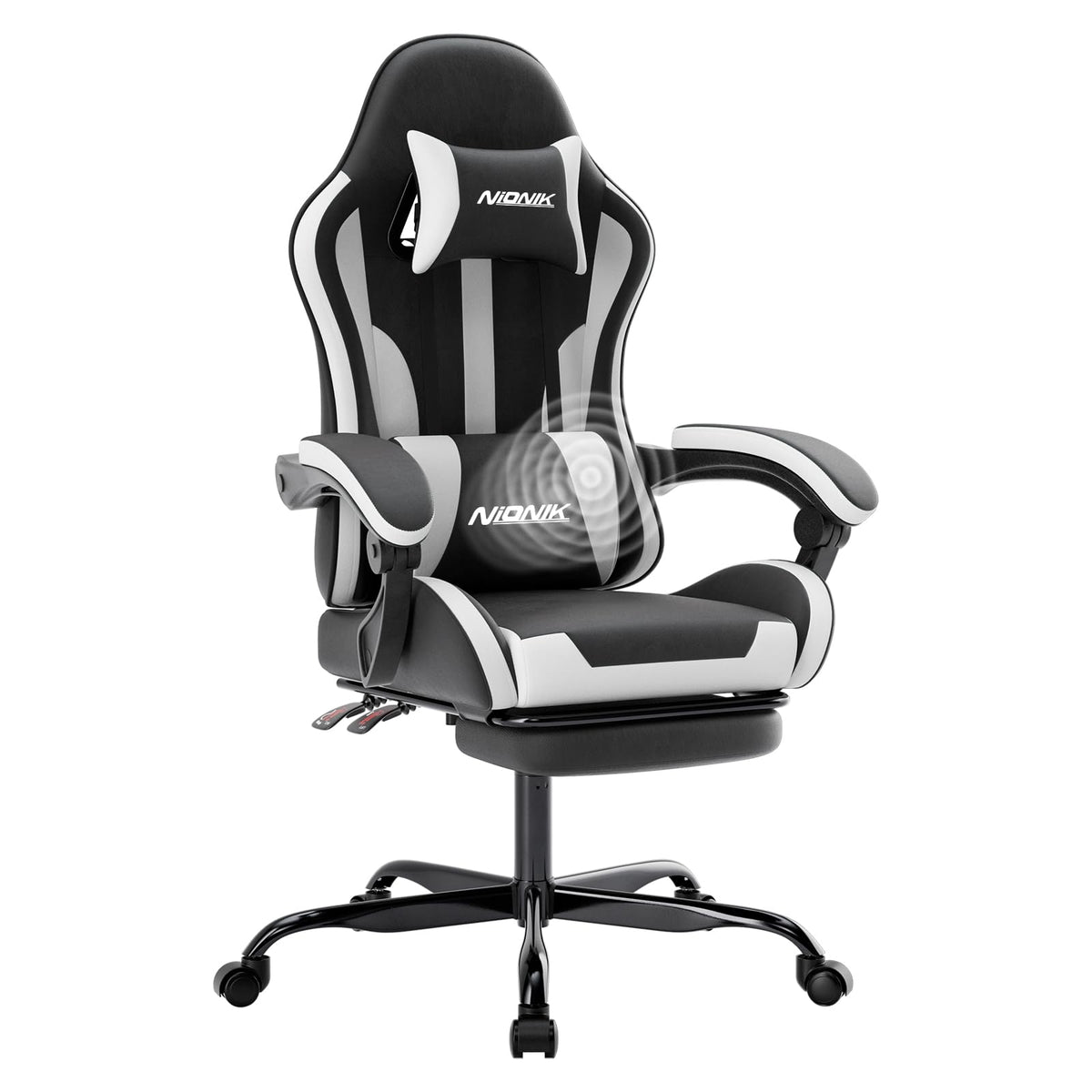 NIONIK Gaming Chair, Ergonomic Computer Chair with Footrest and Lumbar Support, Height Adjustable Game Chair with 360°-Swivel Seat and Headrest and for Office or Gaming Blackwhite