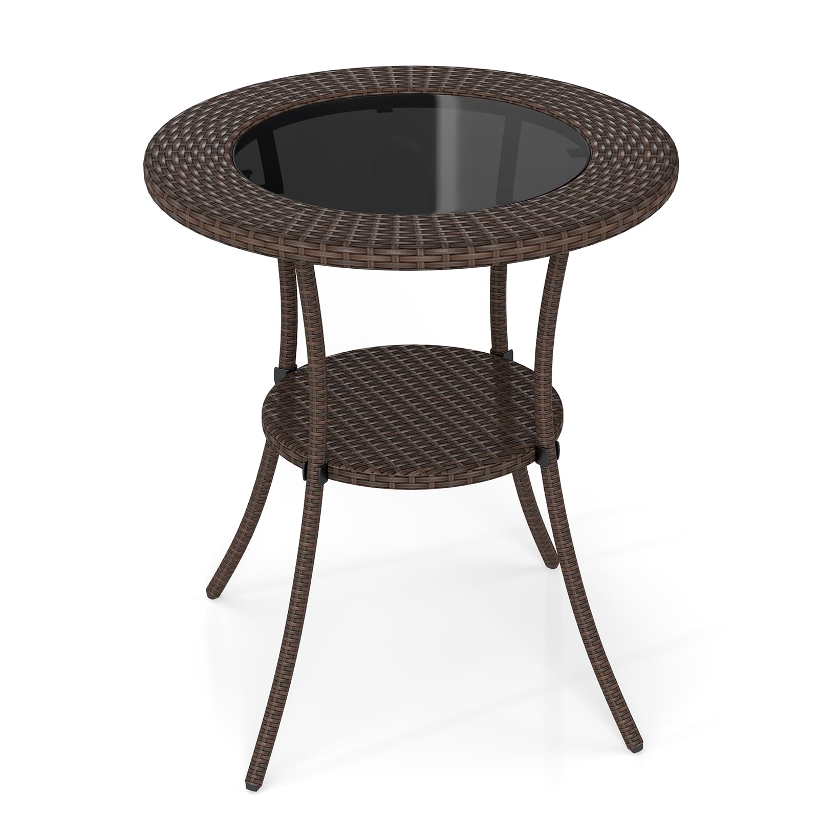 Round Wicker Patio Side Table with Tempered Glass Top & Storage Shelf