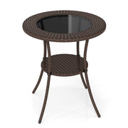Round Wicker Patio Side Table with Tempered Glass Top & Storage Shelf