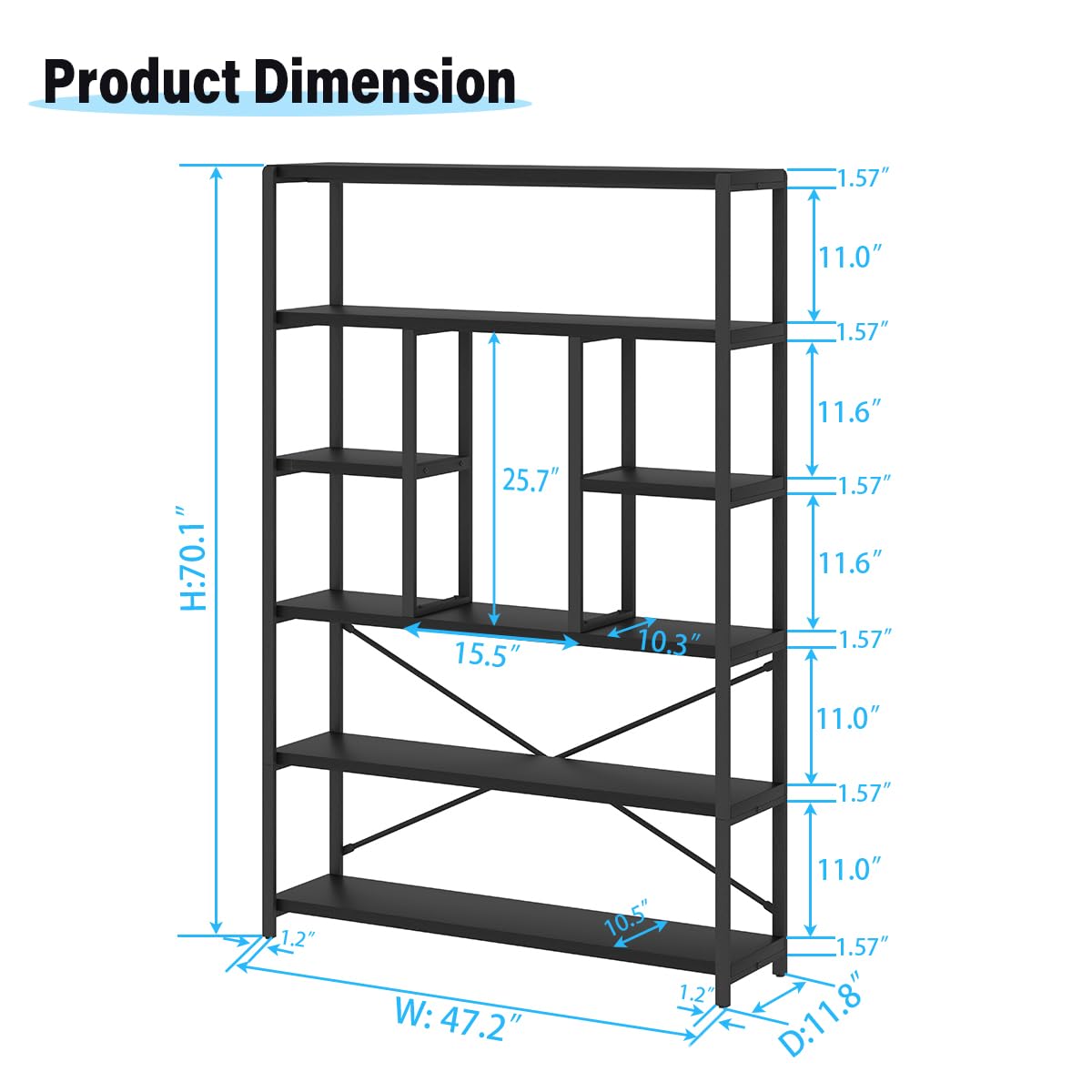 6-Tier Black Oak Bookshelf