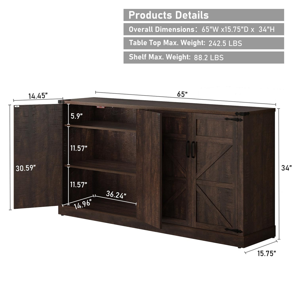 65 Inch Sideboard Buffet Cabinet with Storage, Farmhouse Kitchen Pantries Sideboard Cabinets with Adjustable Shelves, Wooden Coffee Bar Cabinet Buffet Table for Kitchen, Dining Room, Brown