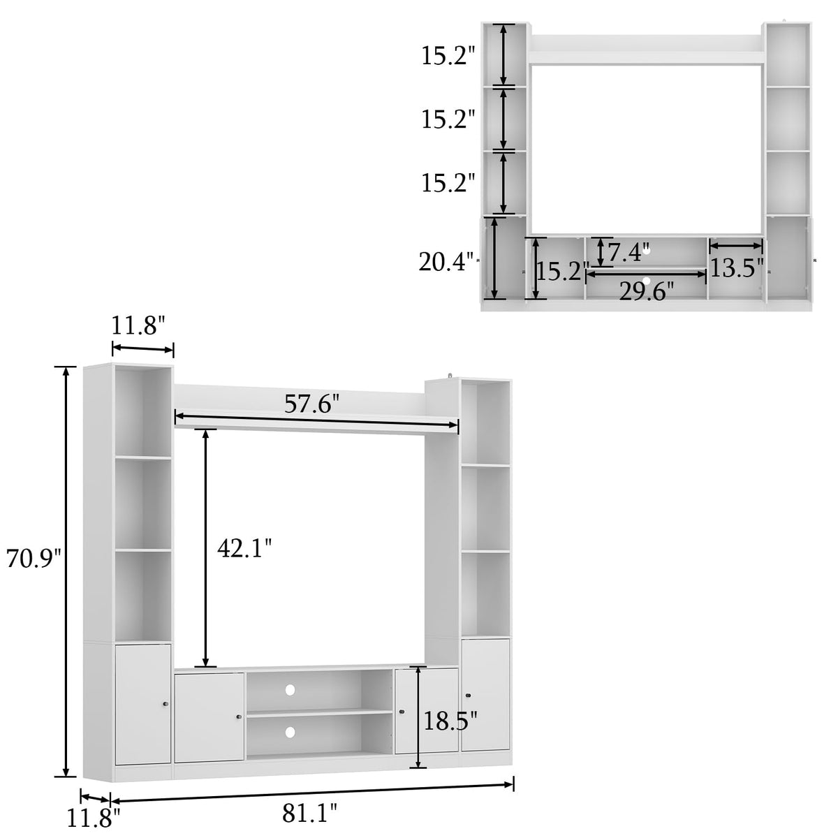 ECACAD 81" W Wall Unit Entertainment Center with Bookshelves, White