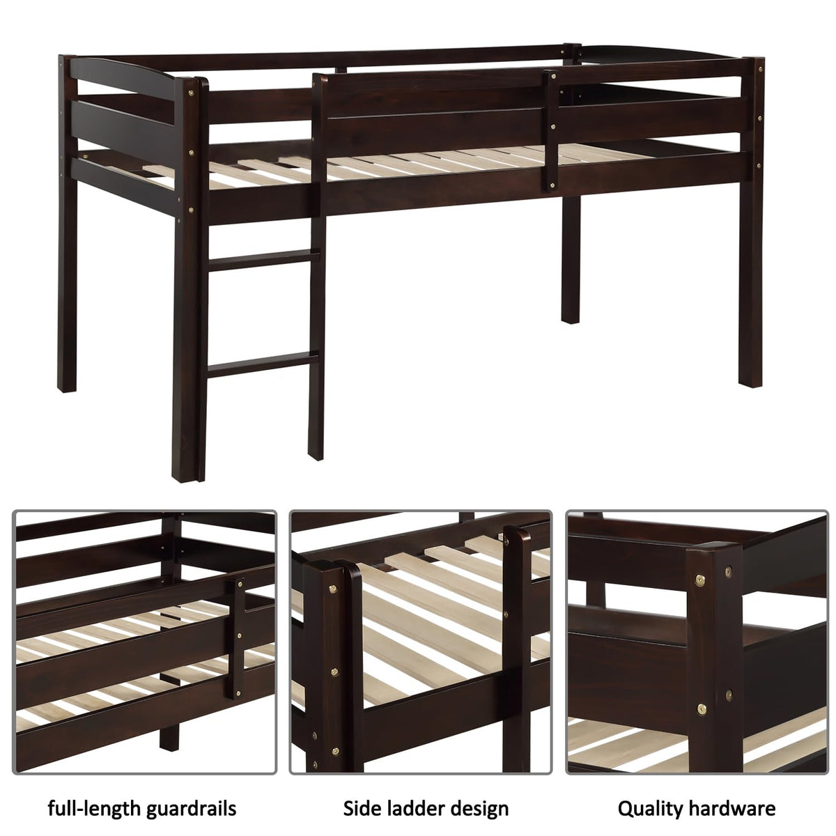 Flieks Low Loft Beds, Twin Wood Loft Bed Low Loft Beds for Kids with Ladder and Guardrails, No Box Spring Required, Easy Assembly，Space Saver (Espresso)