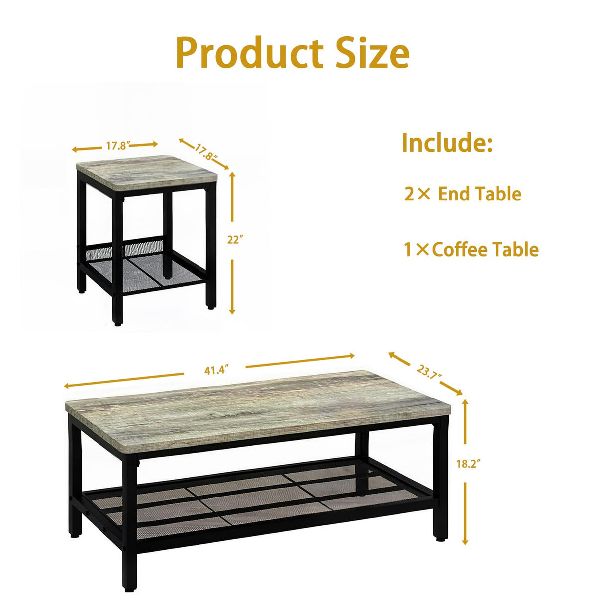 OFFWIN Coffee Table Set of 3,Industrial Coffee Table and 2 End Side Tables,Easy Assembly Coffee and End Tables Sets with Metal Legs, for Office, Living Room and Apartment (Grey)