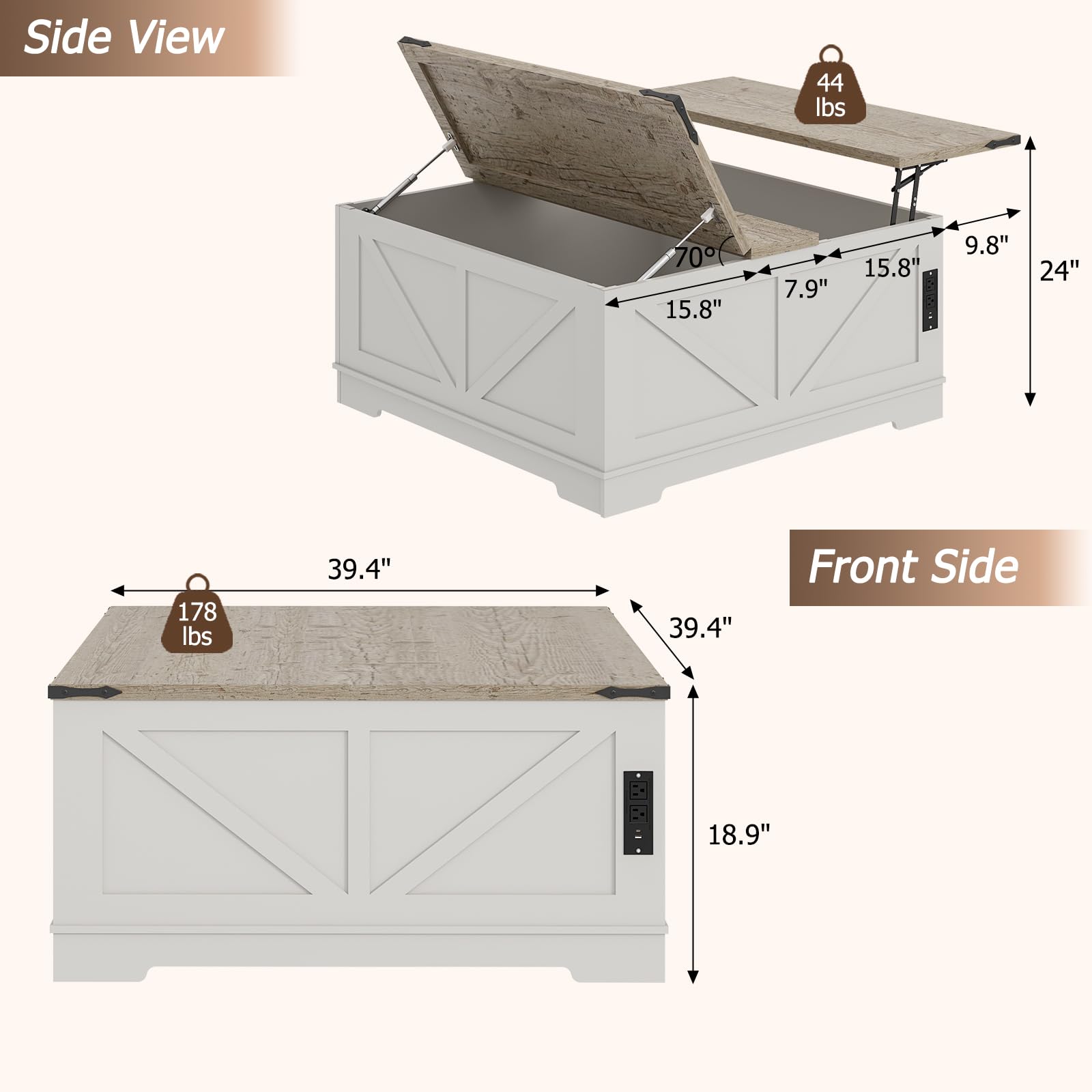 EAG 40" Large Farmhouse Lift Top Coffee Table with Hidden Compartment & Power Outlets, Square Wooden Coffee Table with Multi-Function Flip-Top Ample Storage Center Table for Living Room, White