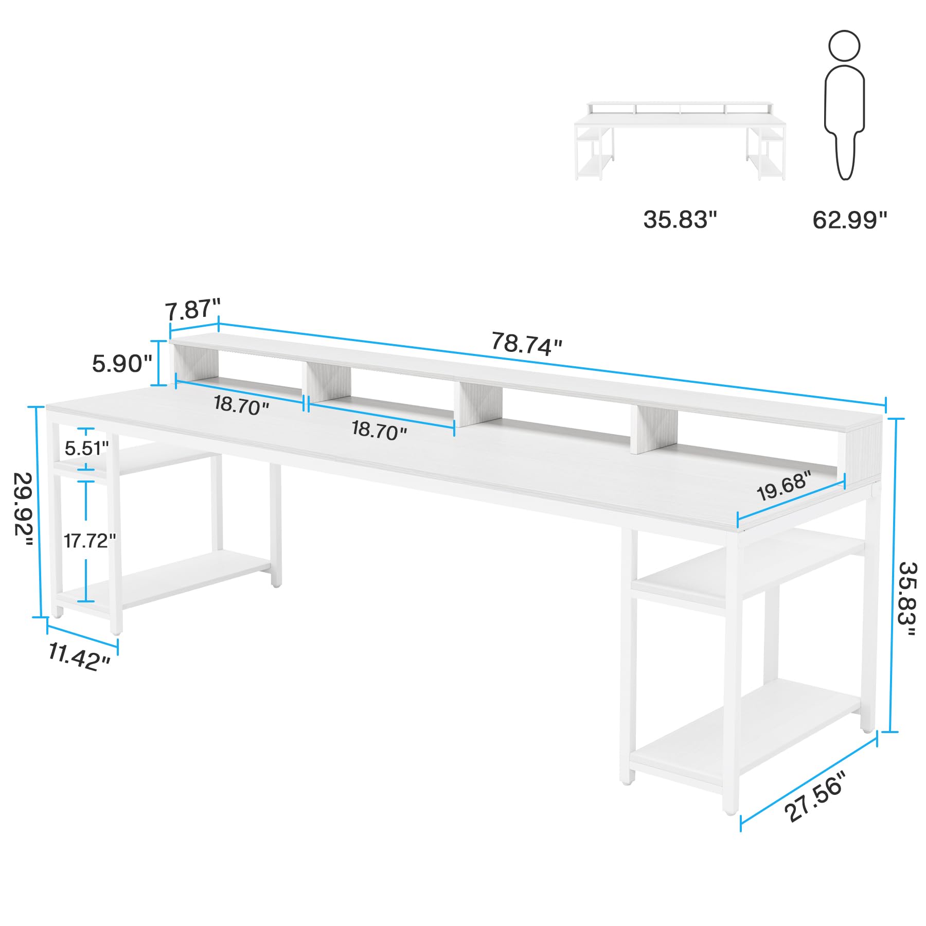 78.74" Double Desk with Monitor Stand & Storage Shelves