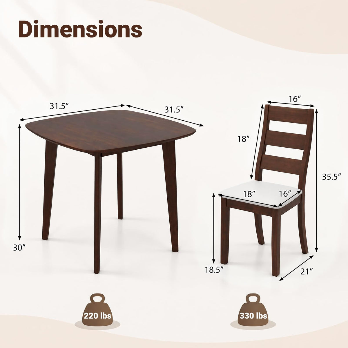 GIANTEX Small Dining Table Set for 2, Wood Square Kitchen Table and 2 Dinner Chairs with Upholstered Seat & Curved Backrest, Space-Saving Dinette Set for Small Space, Living Room, Dining Room