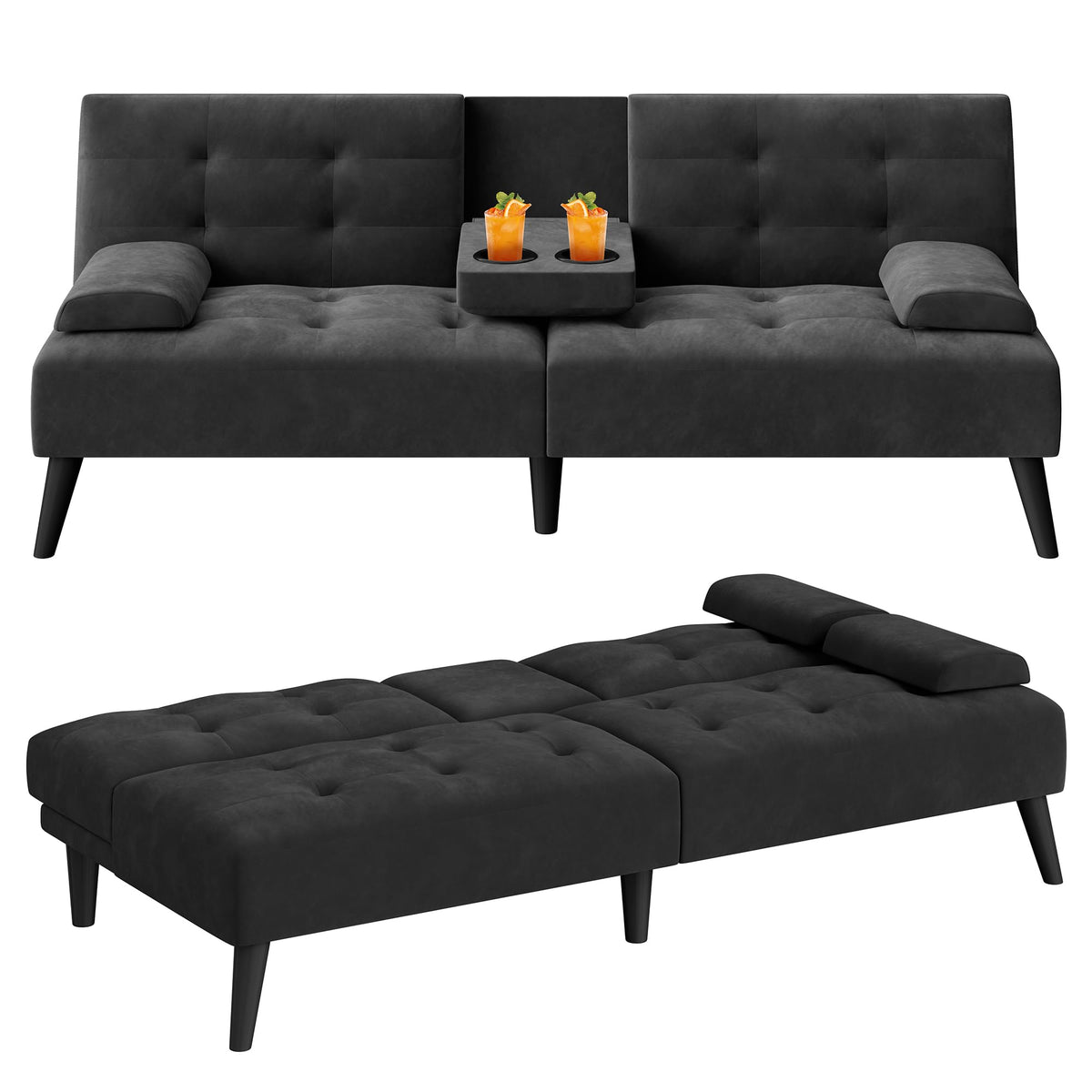 Meilocar 64" Futon Sofa Bed, Small Loveseat, Cup Holders Armrests, Black