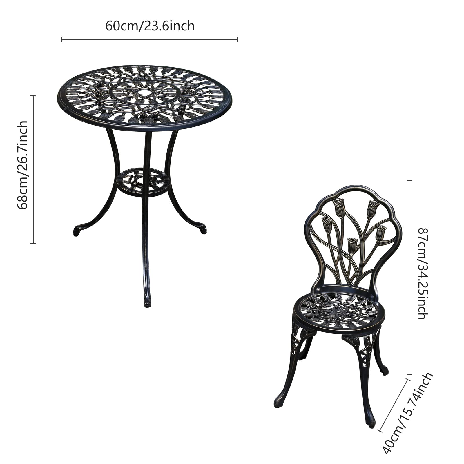 3-Piece Cast Aluminum Patio Bistro Set with Umbrella Hole