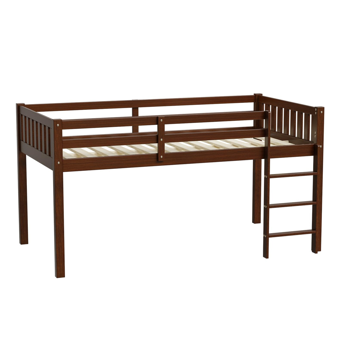JOYMOR Low Loft Bed Twin Size with Stairs, Wooden Loft Bed for Kids, Junior，Young Teens，Pine Wood Twin Bed Frame, Space-Saving Design, No Box Spring Needed, Espresso