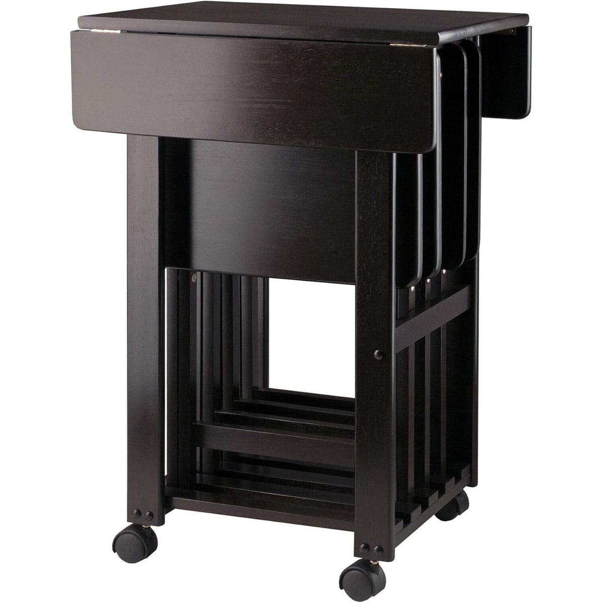 HomeStock 5-Piece Snack Table Set with Double Drop-Leaf Storage Table, 4 Folding Snack Tables, Grooved Slots, Solid Wood Design, and Rolling Casters Coffee