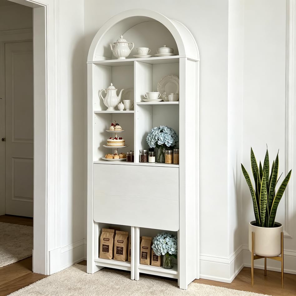 FNK Folding Arched Bookshelf Narrow Bookcase with Hideaway Craft Desk