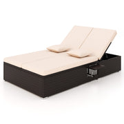 RELAX4LIFE Rattan Outdoor Patio Daybed - Wicker Double Chaise Lounge Chair w/6-Position Backrest, 2 Folding Side Trays, Cushions, Recliner Loveseat Sunbed for Backyard Pool, 2-Seater Patio Bed Lounger