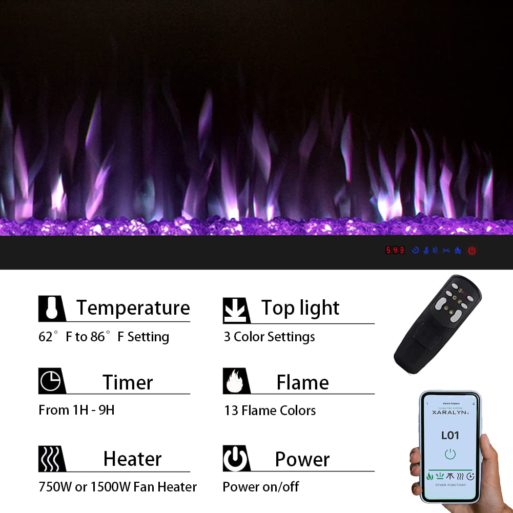 Masarflame 72 Inch WiFi Smart Electric Fireplace, Recessed and Wall Mount Fireplace Heater with 13 Flame &3 Top Light, Remote Control Fireplace with Timer &Thermostat, Black, Ventless, Work with Alex