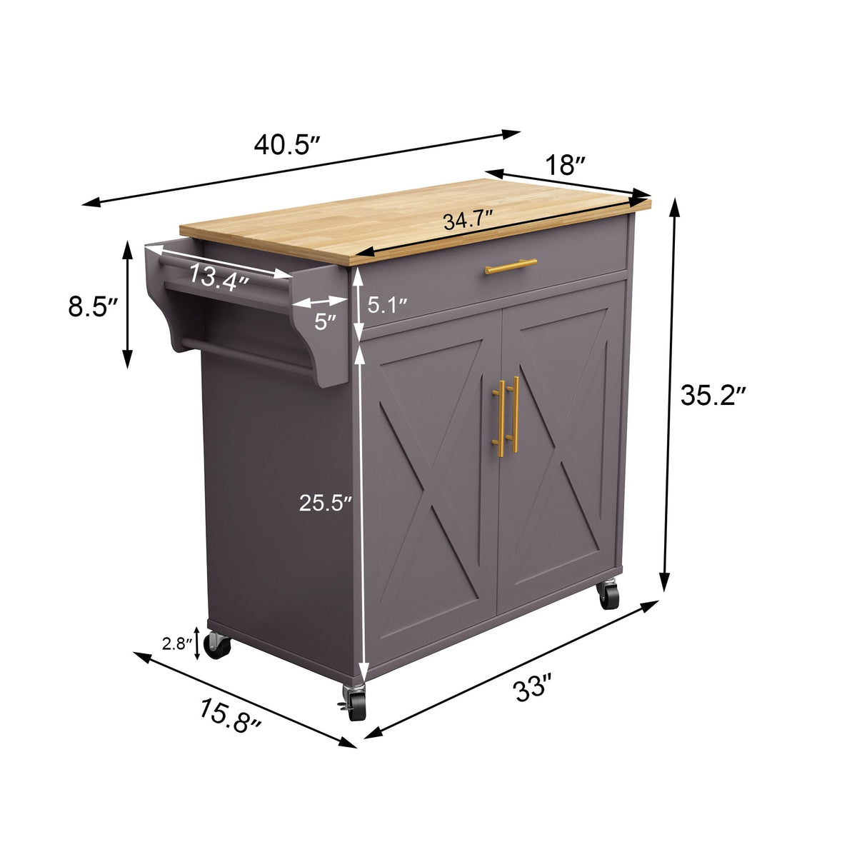 Pingliang Rolling Kitchen Island with Storage, 34.7'' Solid Wood Top, Grey