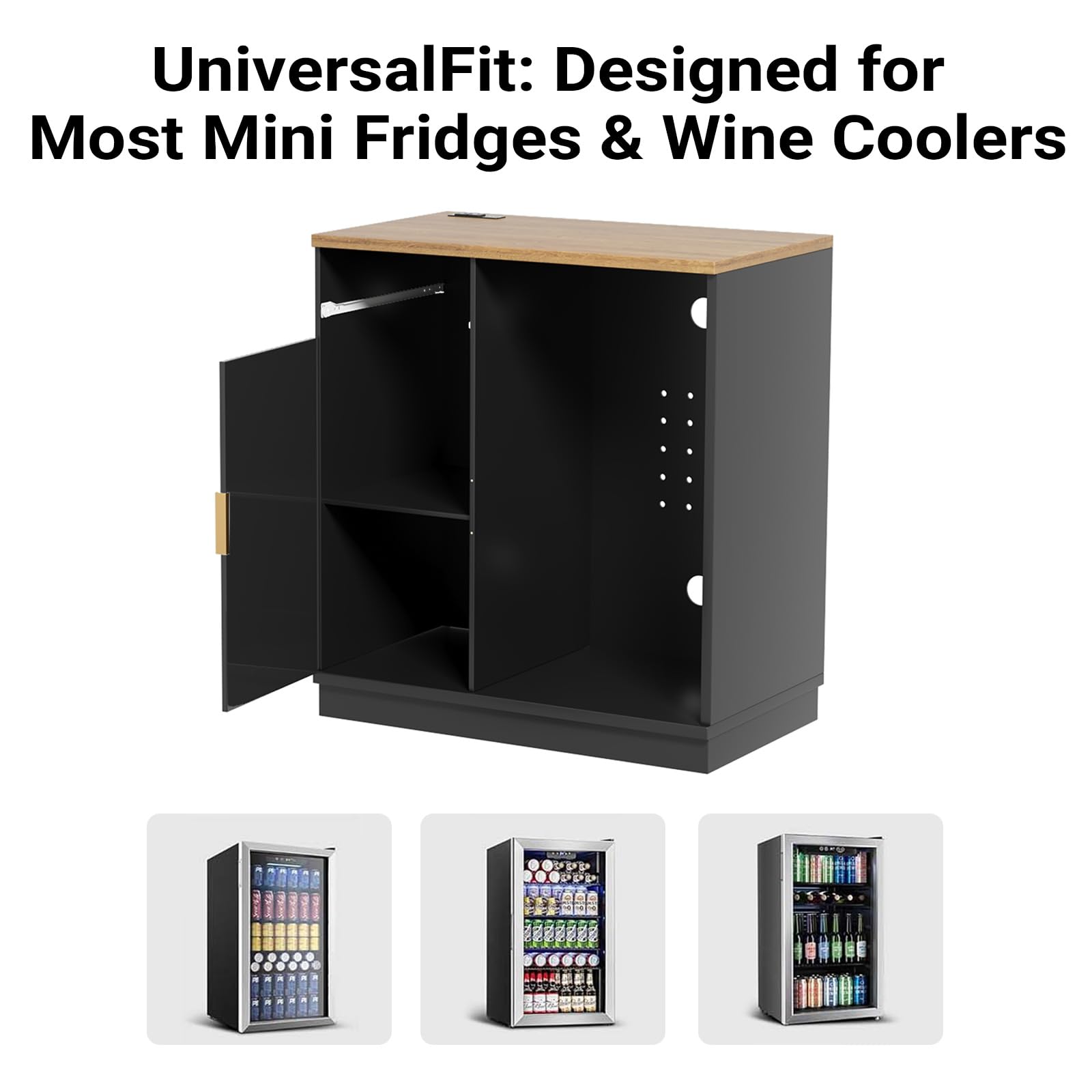 Naga Bahna Coffee Bar Cabinet with Fridge Space, Mini Fridge Cabinet with Power Outlet, Fluted Buffet Sideboard with Drawer & Adjustable Shelf for Home, Kitchen, Dining Room, Black