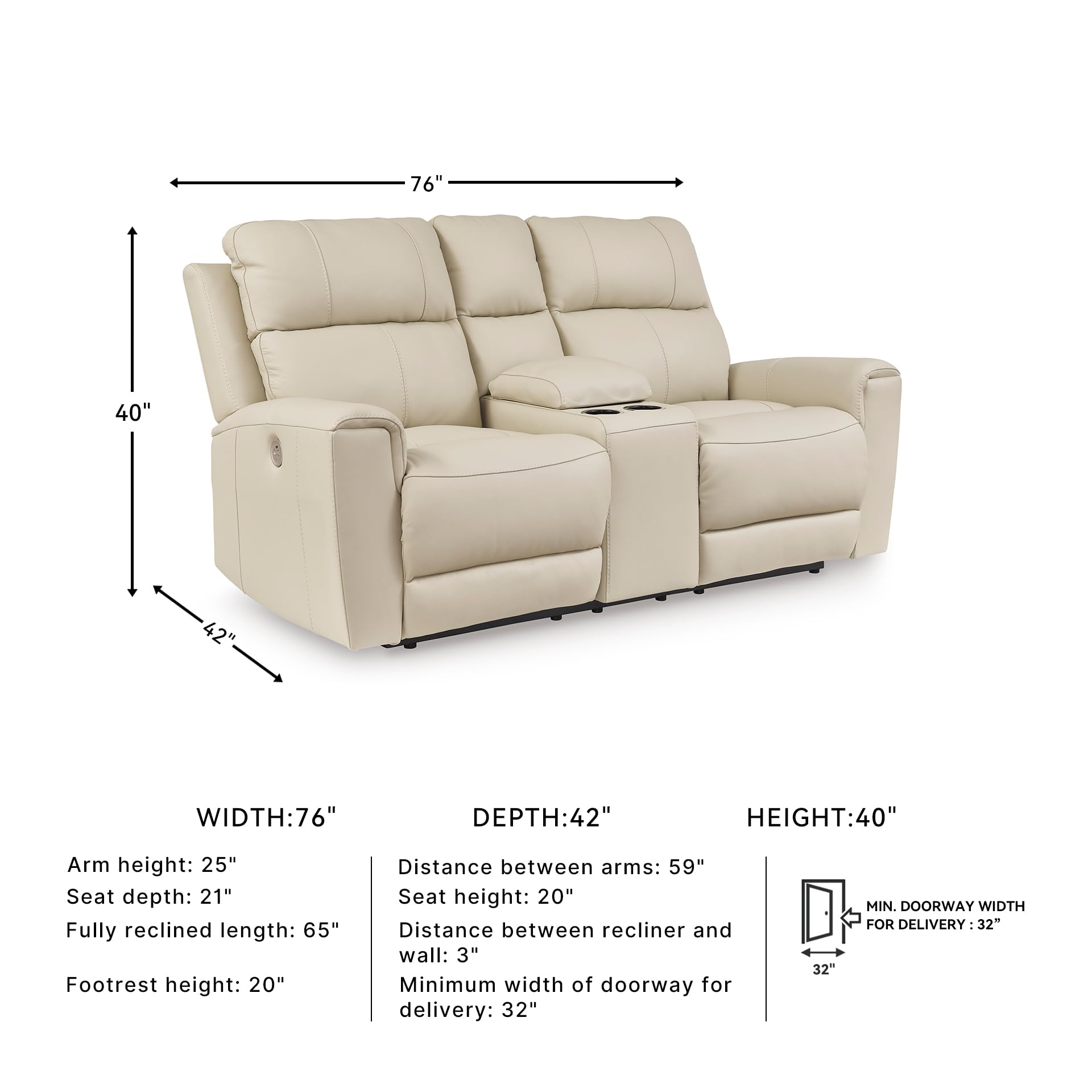 Signature Design by Ashley Dahlmoore Contemporary Leather Match Power Reclining Loveseat with Console and USB Ports, Beige